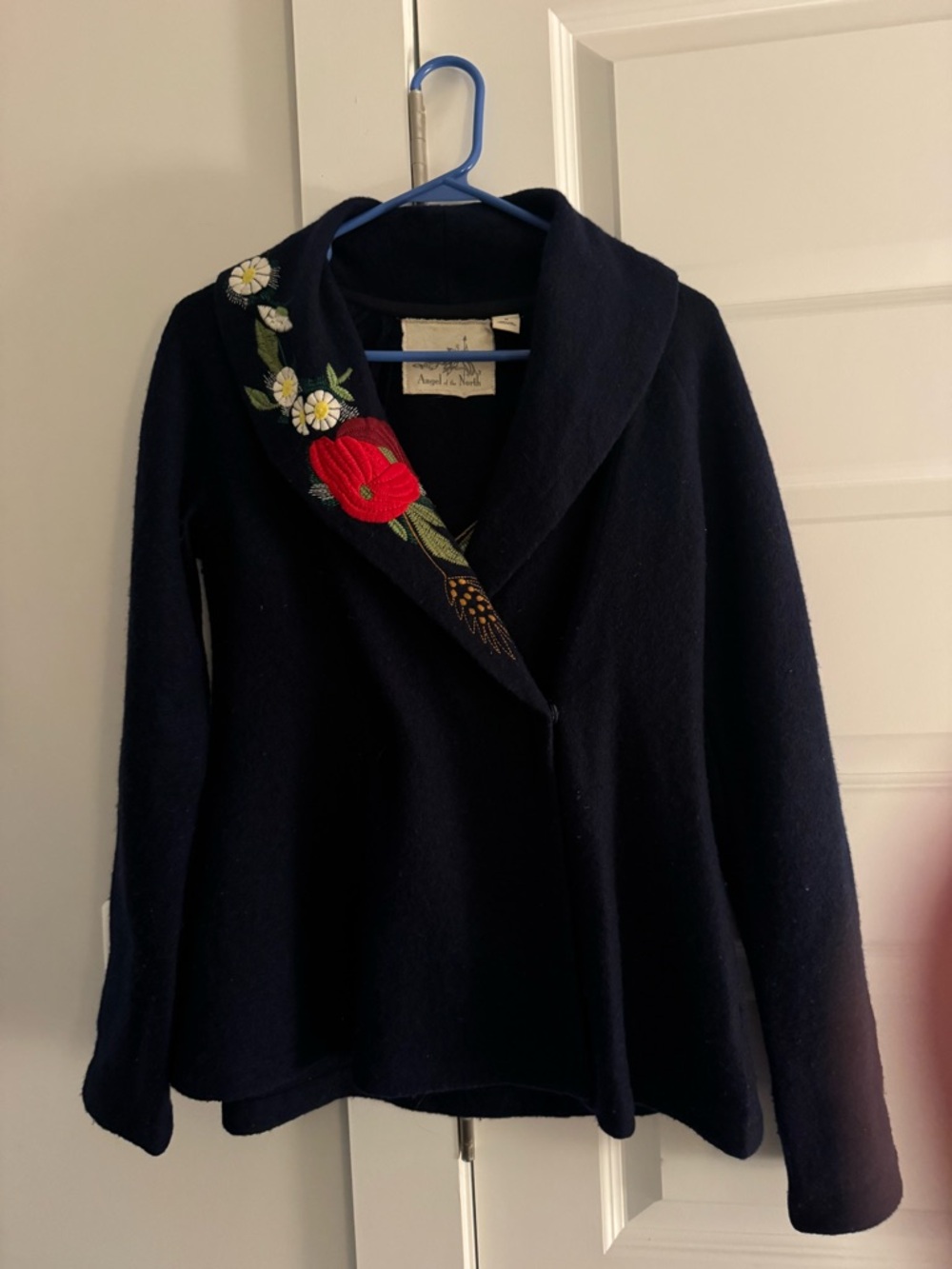 Embroidered Shawl Collar 100% Wool Jacket - Navy with Red Floral Accent